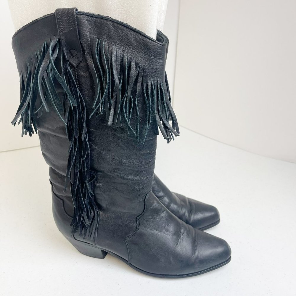 DINGO Vintage Black Textured Leather Suede Fringe Cowgirl Boots Women's Size 7.5